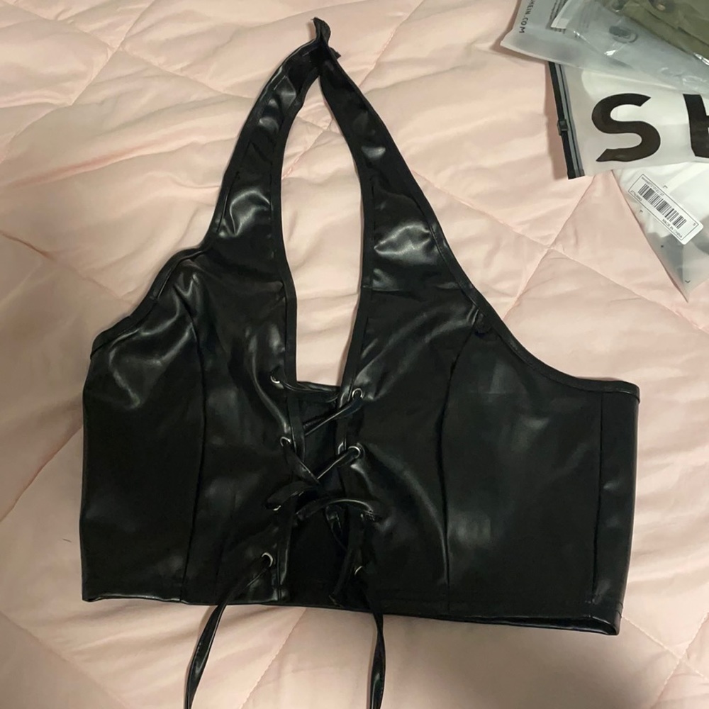 Faux leather lace halter top